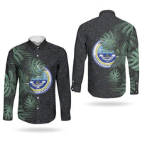 Federated States Of Micronesia Couples Matching Off Shoulder Maxi Dress and Long Sleeve Button Shirt FSM Tropical Monstera Leaf Dark Tribal Pattern