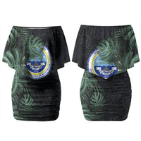 Federated States Of Micronesia Couples Matching Off Shoulder Short Dress and Long Sleeve Button Shirt FSM Tropical Monstera Leaf Dark Tribal Pattern