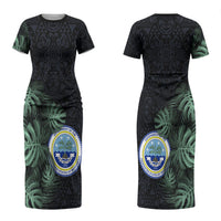 Federated States Of Micronesia Couples Matching Short Sleeve Bodycon Dress and Long Sleeve Button Shirt FSM Tropical Monstera Leaf Dark Tribal Pattern