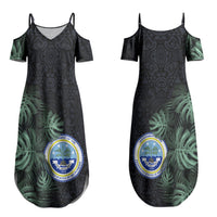 Federated States Of Micronesia Couples Matching Summer Maxi Dress and Long Sleeve Button Shirt FSM Tropical Monstera Leaf Dark Tribal Pattern