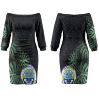 Federated States Of Micronesia Family Matching Off The Shoulder Long Sleeve Dress and Hawaiian Shirt FSM Tropical Monstera Leaf Dark Tribal Pattern