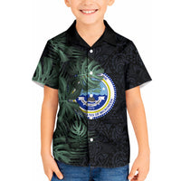 Federated States Of Micronesia Kid Hawaiian Shirt FSM Tropical Monstera Leaf Dark Tribal Pattern
