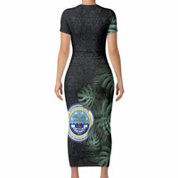 Federated States Of Micronesia Short Sleeve Bodycon Dress FSM Tropical Monstera Leaf Dark Tribal Pattern