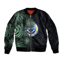 Federated States Of Micronesia Sleeve Zip Bomber Jacket FSM Tropical Monstera Leaf Dark Tribal Pattern