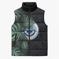 Federated States Of Micronesia Sleeveless Puffer Jacket FSM Tropical Monstera Leaf Dark Tribal Pattern
