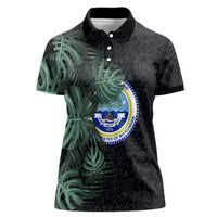 Federated States Of Micronesia Women Polo Shirt FSM Tropical Monstera Leaf Dark Tribal Pattern