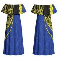 Federated States Of Micronesia FSM Couples Matching Off Shoulder Maxi Dress and Hawaiian Shirt Pacific Islander Tribal Swirl Geometric Pattern