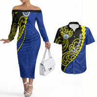 Federated States Of Micronesia FSM Couples Matching Off The Shoulder Long Sleeve Dress and Hawaiian Shirt Pacific Islander Tribal Swirl Geometric Pattern