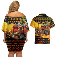 Tropical Christmas In July Santa Claus Couples Matching Off Shoulder Short Dress and Hawaiian Shirt Festive Hawaiian With Beach Reindeer Sleigh TS04 - Polynesian Pride