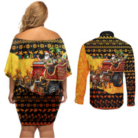 Tropical Christmas In July Santa Claus Couples Matching Off Shoulder Short Dress and Long Sleeve Button Shirt Festive Hawaiian With Beach Reindeer Sleigh TS04 - Polynesian Pride