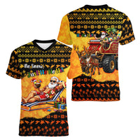 Tropical Christmas In July Santa Claus Women V-Neck T-Shirt Festive Hawaiian With Beach Reindeer Sleigh TS04 - Polynesian Pride