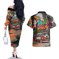 Tropical Christmas In July Candy Cane Surf Couples Matching Off The Shoulder Long Sleeve Dress and Hawaiian Shirt Vibrant Street Art Beach Graffiti Graphic TS04 - Polynesian Pride