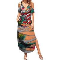 Tropical Christmas In July Candy Cane Surf Family Matching Summer Maxi Dress and Hawaiian Shirt Vibrant Street Art Beach Graffiti Graphic TS04 Mom's Dress Orange Grey - Polynesian Pride
