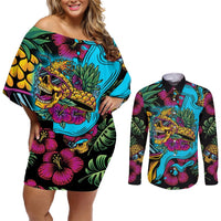 Pineapple Skull Couples Matching Off Shoulder Short Dress and Long Sleeve Button Shirts Sumer Time TS04 - Polynesian Pride
