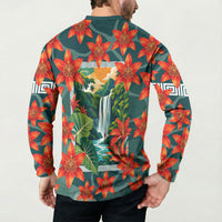 Fiji Taveuni Parrot Button Sweatshirt Tropical Waterfall Landscape With Floral Tribal Pattern