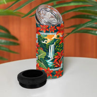 Fiji Taveuni Parrot 4 in 1 Can Cooler Tumbler Tropical Waterfall Landscape With Floral Tribal Pattern