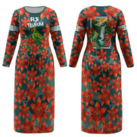 Fiji Taveuni Parrot Couples Matching Long Sleeve Bodycon Dress and Long Sleeve Button Shirt Tropical Waterfall Landscape With Floral Tribal Pattern