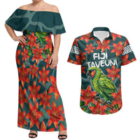 Fiji Taveuni Parrot Couples Matching Off Shoulder Maxi Dress and Hawaiian Shirt Tropical Waterfall Landscape With Floral Tribal Pattern