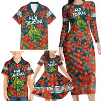 Fiji Taveuni Parrot Family Matching Long Sleeve Bodycon Dress and Hawaiian Shirt Tropical Waterfall Landscape With Floral Tribal Pattern