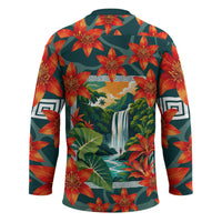 Fiji Taveuni Parrot Hockey Jersey Tropical Waterfall Landscape With Floral Tribal Pattern
