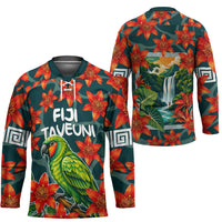 Fiji Taveuni Parrot Hockey Jersey Tropical Waterfall Landscape With Floral Tribal Pattern