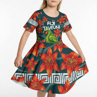 Fiji Taveuni Parrot Kid Short Sleeve Dress Tropical Waterfall Landscape With Floral Tribal Pattern