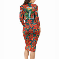 Fiji Taveuni Parrot Long Sleeve Bodycon Dress Tropical Waterfall Landscape With Floral Tribal Pattern