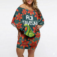 Fiji Taveuni Parrot Off Shoulder Short Dress Tropical Waterfall Landscape With Floral Tribal Pattern