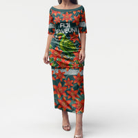 Fiji Taveuni Parrot Puletasi Tropical Waterfall Landscape With Floral Tribal Pattern