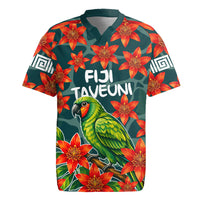 Fiji Taveuni Parrot Rugby Jersey Tropical Waterfall Landscape With Floral Tribal Pattern