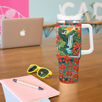 Fiji Taveuni Parrot Tumbler With Handle Tropical Waterfall Landscape With Floral Tribal Pattern
