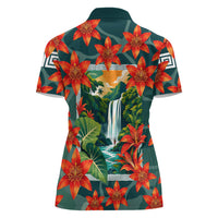 Fiji Taveuni Parrot Women Polo Shirt Tropical Waterfall Landscape With Floral Tribal Pattern