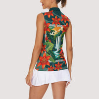 Fiji Taveuni Parrot Women Sleeveless Polo Shirt Tropical Waterfall Landscape With Floral Tribal Pattern