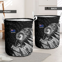 Personalized New Zealand Kiwi Bird Laundry Basket Grunge Maori Tribal Pattern Silver Fern