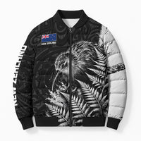 Personalized New Zealand Kiwi Bird Bomber Puffer Jacket Grunge Maori Tribal Pattern Silver Fern