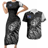 Personalized New Zealand Kiwi Bird Couples Matching Short Sleeve Bodycon Dress and Hawaiian Shirt Grunge Maori Tribal Pattern Silver Fern