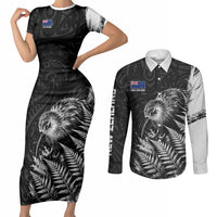 Personalized New Zealand Kiwi Bird Couples Matching Short Sleeve Bodycon Dress and Long Sleeve Button Shirt Grunge Maori Tribal Pattern Silver Fern TS04 Black White - Polynesian Pride