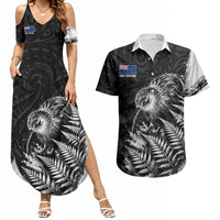 Personalized New Zealand Kiwi Bird Couples Matching Summer Maxi Dress and Hawaiian Shirt Grunge Maori Tribal Pattern Silver Fern