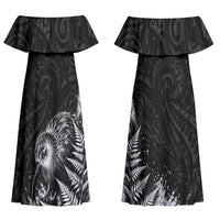 Personalized New Zealand Kiwi Bird Family Matching Off Shoulder Maxi Dress and Hawaiian Shirt Grunge Maori Tribal Pattern Silver Fern