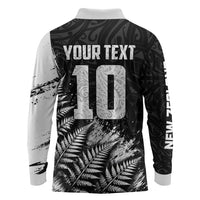 Personalized New Zealand Kiwi Bird Long Sleeve Polo Shirt Grunge Maori Tribal Pattern Silver Fern