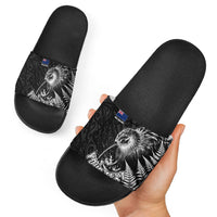 Personalized New Zealand Kiwi Bird Slide Sandals Grunge Maori Tribal Pattern Silver Fern