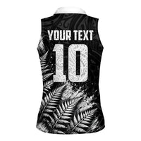 Personalized New Zealand Kiwi Bird Women Sleeveless Polo Shirt Grunge Maori Tribal Pattern Silver Fern