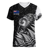 Personalized New Zealand Kiwi Bird Women V-Neck T-Shirt Grunge Maori Tribal Pattern Silver Fern