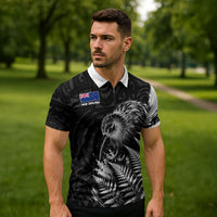 Personalized New Zealand Kiwi Bird Zipper Polo Shirt Grunge Maori Tribal Pattern Silver Fern