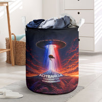 New Zealand Aotearoa Kiwi UFO Laundry Basket Sci-Fi Galaxy Sunset Sky Tower And Mountain