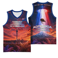 New Zealand Aotearoa Kiwi UFO Basketball Jersey Sci-Fi Galaxy Sunset Sky Tower And Mountain