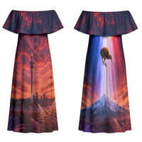 New Zealand Aotearoa Kiwi UFO Couples Matching Off Shoulder Maxi Dress and Long Sleeve Button Shirt Sci-Fi Galaxy Sunset Sky Tower And Mountain