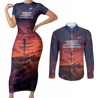 New Zealand Aotearoa Kiwi UFO Couples Matching Short Sleeve Bodycon Dress and Long Sleeve Button Shirt Sci-Fi Galaxy Sunset Sky Tower And Mountain TS04 Blue Red - Polynesian Pride
