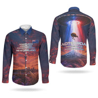 New Zealand Aotearoa Kiwi UFO Couples Matching Short Sleeve Bodycon Dress and Long Sleeve Button Shirt Sci-Fi Galaxy Sunset Sky Tower And Mountain TS04 - Polynesian Pride