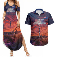 New Zealand Aotearoa Kiwi UFO Couples Matching Summer Maxi Dress and Hawaiian Shirt Sci-Fi Galaxy Sunset Sky Tower And Mountain